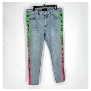 Homme + Femme NEW Tesla Skinny Blue Jeans Sz 38 Green Pink Gradient Logo Ribbon